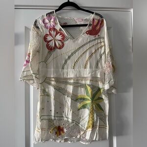 Tamara Catz - White Floral Cutwork Tunic with Pink & Green Accents